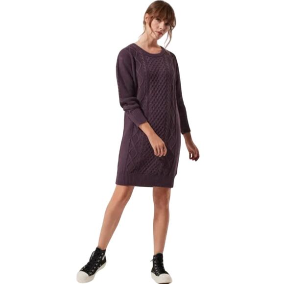 Pact Sz S 100% Organic Cotton Purple Cable Knit Sweater Dress Crewneck Fisherman - Picture 1 of 13